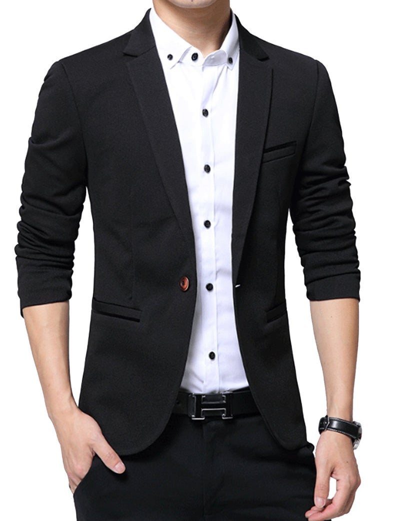 DAVID.ANN Men's Slim Fit Suits Casual One Button Flap Pockets Solid Blazer Jacket,Black,Medium - Image 1